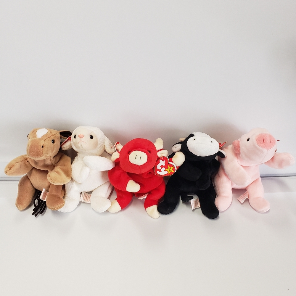 Vintage Ty Beanie Baby Farm Animal 5 Pc Lot